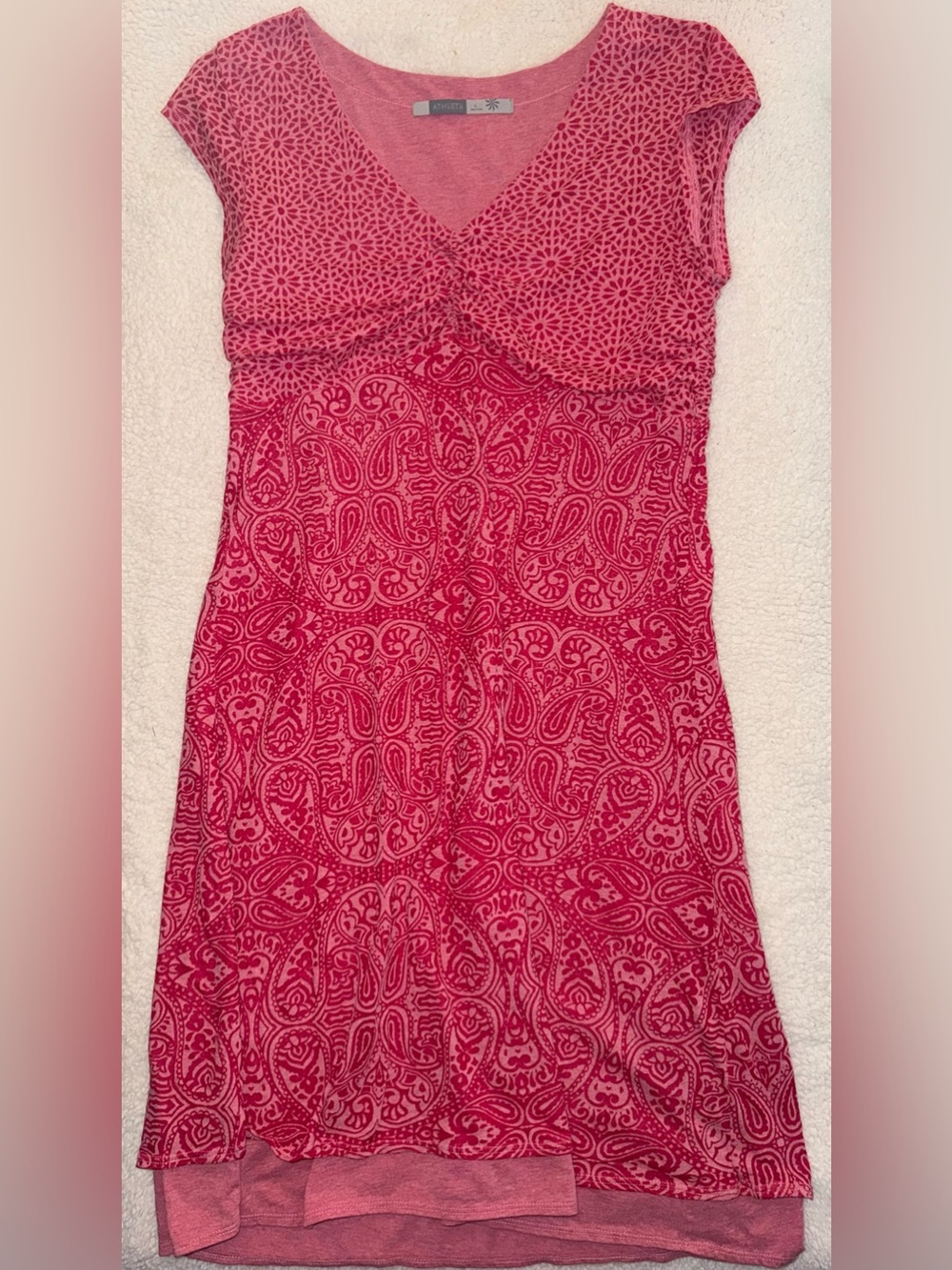 Athleta Pink Printed Ruched V-Neck Dress Large